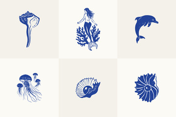 Collection of ocean and sea-themed vector illustrations. Includes waves, marine animals, shells, boats, and underwater elements. Perfect for summer designs and nature projects.
