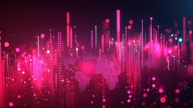 Abstract world map with glowing bars and bokeh effects