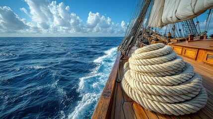 Obraz premium Ocean voyage, wooden ship's deck, coiled rope