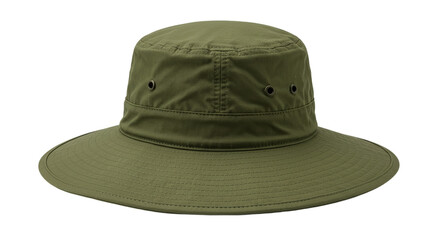 A close up studio shot of a green boonie hat with a wide brim and ventilation holes on a black background