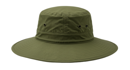 A close up studio shot of a green boonie hat with a wide brim and ventilation holes on a black background