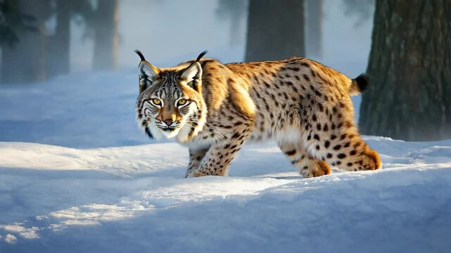 A lynx walking silently across fresh snow.


