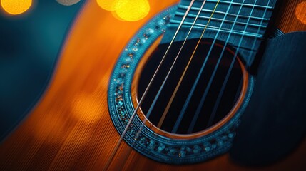 Obraz premium Acoustic guitar's details with warm lighting and bokeh effect