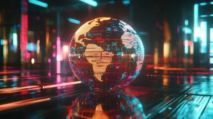 Global network, futuristic city, digital globe, neon lights, data visualization, tech concept