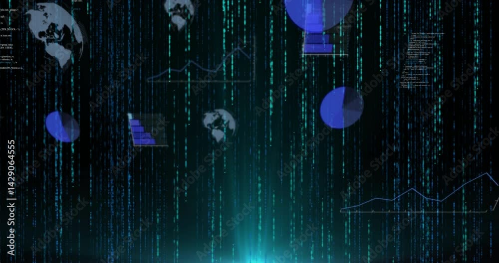 Poster floating charts and code snippets glowing over neon code, showing globe icons and line graphs