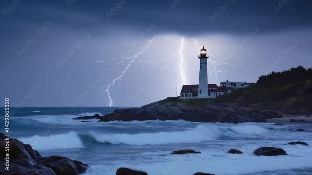Poster Lightning illuminating a lighthouse by the sea.

