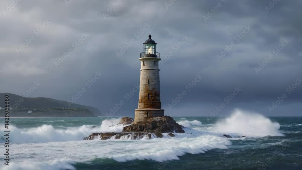 Poster Lightning illuminating a lighthouse by the sea.

