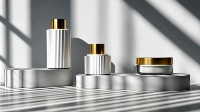 White frosted glass cosmetic bottles with golden caps, placed on podiums of different heights. v3