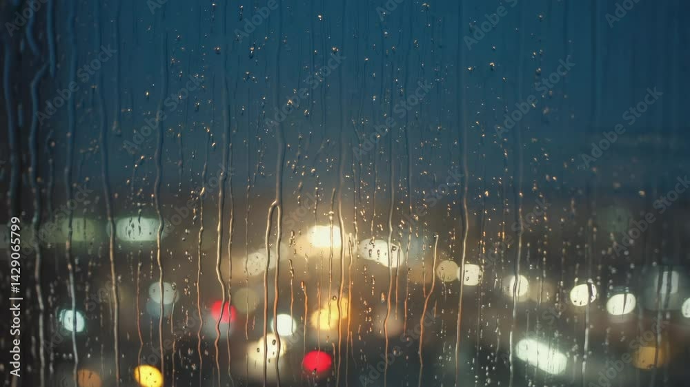 Poster light rain on a windowpane with blurred city lights.