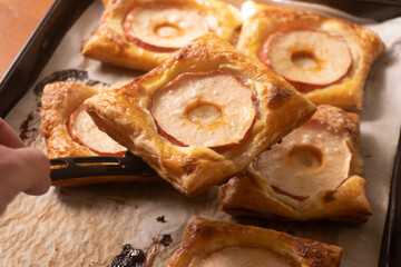 Puff pastry with apple and cream cheese. Dessert. Pastry. Bread
