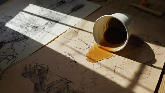 An artist's desk with scattered sketches and spilled coffee.

