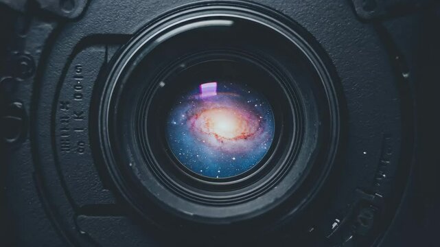 A camera lens reflecting the galaxy inside.

