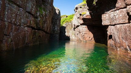 A serene, rocky inlet with clear turquoise waters surrounded by steep cliffs and lush greenery, creating a tranquil natural landscape.