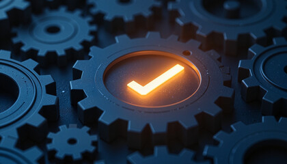 Gears with glowing checkmark symbolizing completion in dark environment  