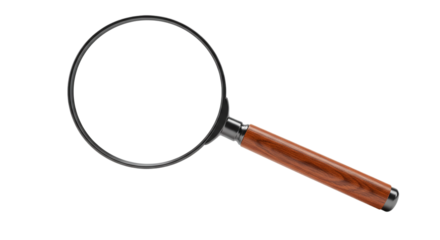 A detailed view of a magnifying glass with a wooden handle isolated against a black background space