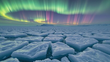 Obraz premium Fractured glacial ice reflects aurora borealis; vibrant greens, blues, violets swirl over Arctic landscape.