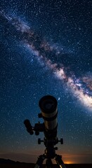 Naklejka premium Telescope pointing at milky way galaxy in starry night sky. Astronomy equipment for space observation. Astrophotography and celestial exploration concept