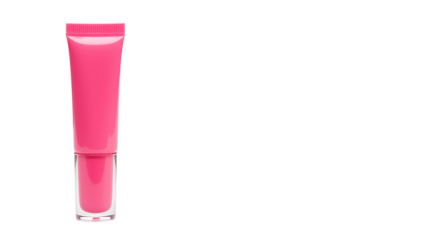A single tube of bright pink lip gloss with a clear base against a stark black background image view