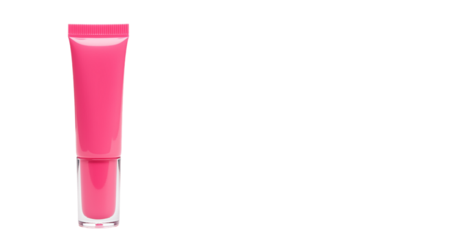 A single tube of bright pink lip gloss with a clear base against a stark black background image view