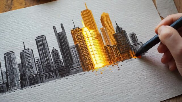 A hand sketching a cityscape that becomes real at the edge.

