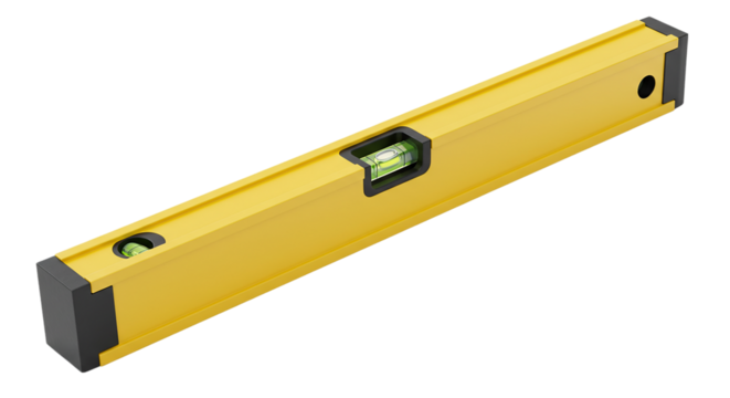 A close up of a yellow level tool with black rubber ends on a black isolated background studio shot