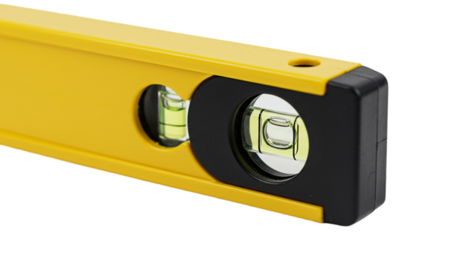 A close up of a yellow level with black accents showing the bubble centered in the view window well lit