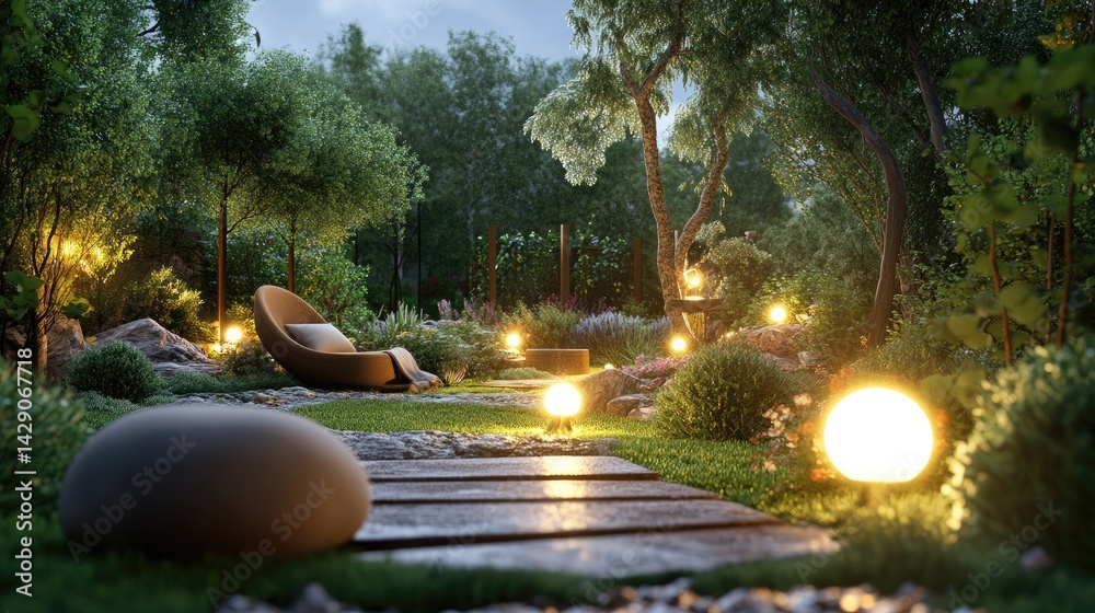Poster Backyard scene with path lights creating a cozy evening atmosphere in a luxurious garden.