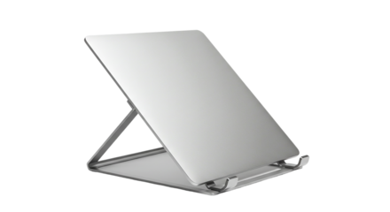 A silver laptop is propped up on a silver adjustable stand against a black background in a studio shot