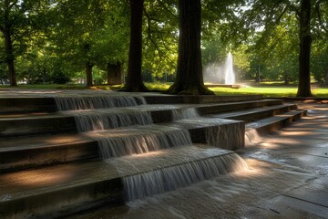Cascading Water Steps in Lush Green Park with Fountain