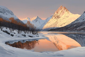 Serene winter landscape featuring snow-capped mountains, a calm lake reflecting the scenery, and trees lining the shore at sunset.