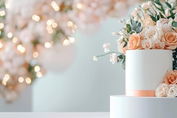A beautifully decorated wedding cake adorned with pastel roses against a soft, blurred background of twinkling lights.