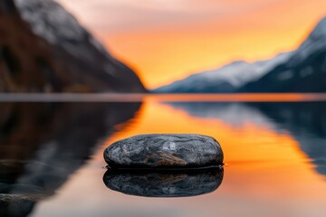 A tranquil landscape featuring a reflective stone in still water, surrounded by mountains and a vibrant sunset.