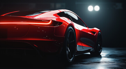 Obraz premium Sleek red sports car illuminated dramatically in dark garage with futuristic lights 