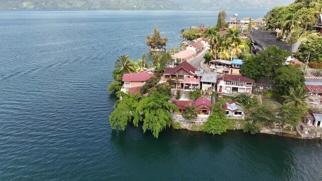 hotel on built up cliff edge on Samosir island, Lake Toba