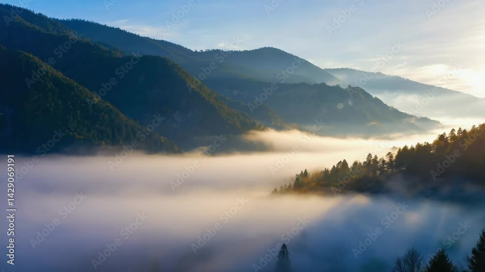 Poster fog rolling across a valley with sunbeams breaking through.