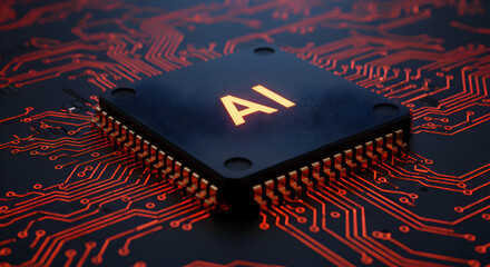 Neon-Circuit Board with Focused AI Chip in Macro