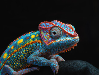 Obraz premium Close up of vivid multicolored chameleon against black background 