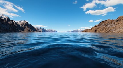 A serene view of a vast ocean with gentle waves, framed by majestic mountains and a clear blue sky dotted with clouds.