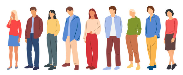 Fototapeta premium Group of young men and women, profile, different colors, cartoon character, silhouettes of stand business people, students, design concept of flat icon, isolated on white background