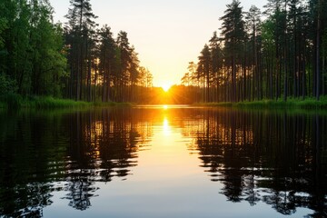 A tranquil sunset reflecting on a serene lake surrounded by tall trees, creating a picturesque natural landscape.