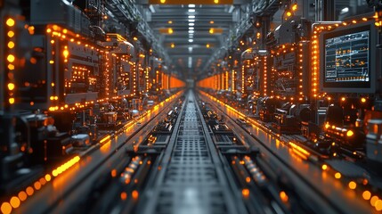 Industrial Corridor with Glowing Lights and Futuristic Technology Interior