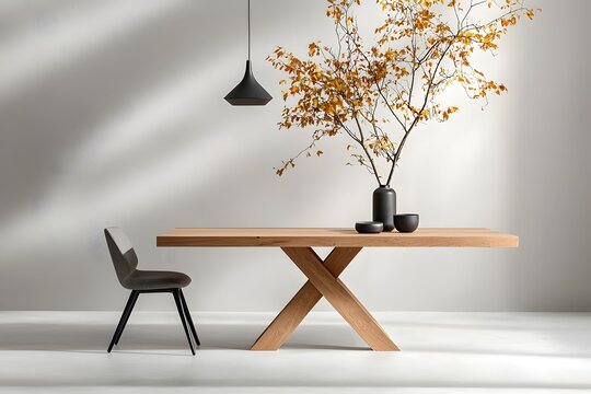 Minimalist wooden dining table with clean cut metal frame