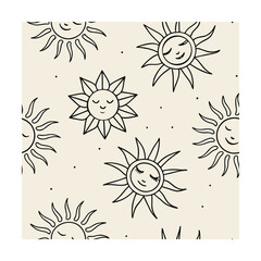 Minimal Sketchy Sun Icons Repeat, Golden banana leaf line arts, Hand drawn outline design for fabric, print, cover, banner and invitation, Vector illustration