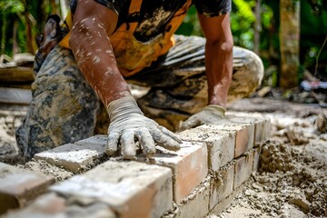 Bricklaying Brilliance: A skilled craftsman expertly lays bricks, his hands and gloves marked by the essence of labor, showcasing dedication and expertise.