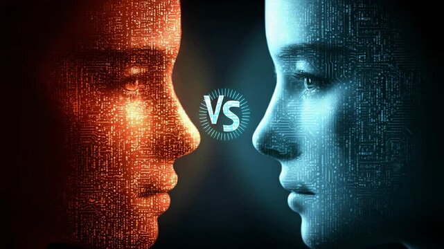 Artificial intelligence battle depicted with abstract faces of red and blue robotic circuit patterns competing against each other