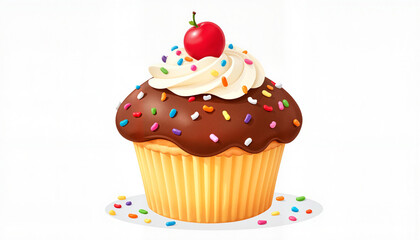 Delicious chocolate cupcake with sprinkles and cherry on top  
