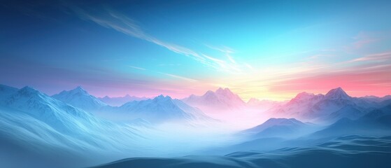 A serene mountain landscape at dawn, featuring soft pastel colors and a misty atmosphere that enhances the tranquil beauty of nature.