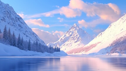 A serene winter landscape featuring snow-covered mountains and a calm, reflective lake under a pastel sky.