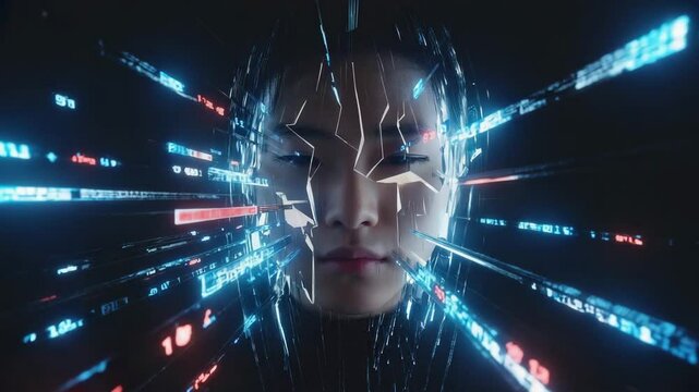 A human face composed of floating data fragments.

