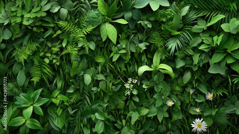 Poster dense foliage wall with layered leaves and flowers, creating a vibrant green backdrop for visual pro